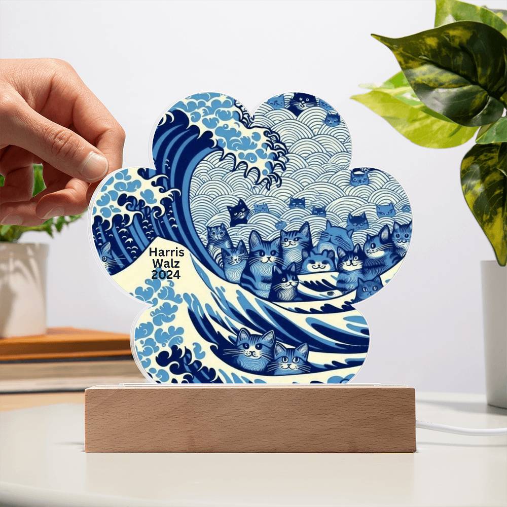 Harris Walz 2024 Election Cat Blue Wave Printed Paw Acrylic Plaque