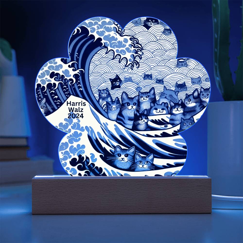 Harris Walz 2024 Election Cat Blue Wave Printed Paw Acrylic Plaque