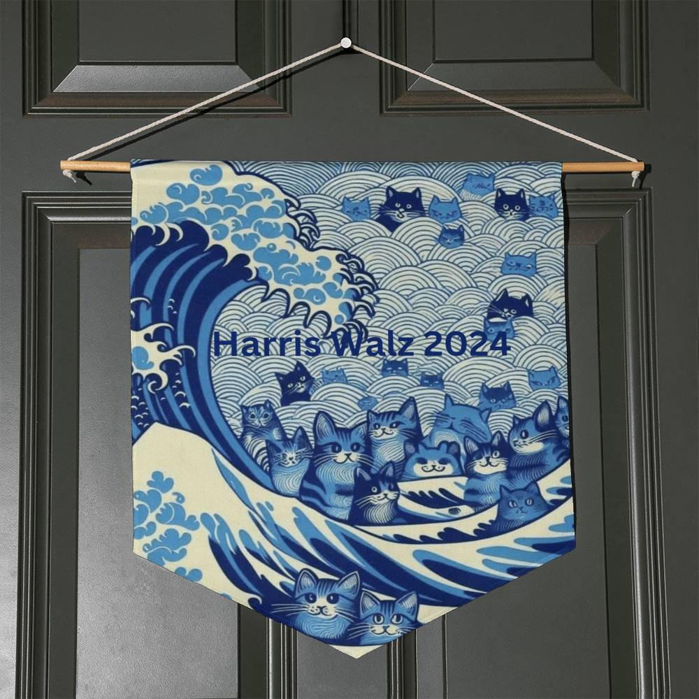 Harris Walz 2024 Election Cat Blue Wave Wall Pennant
