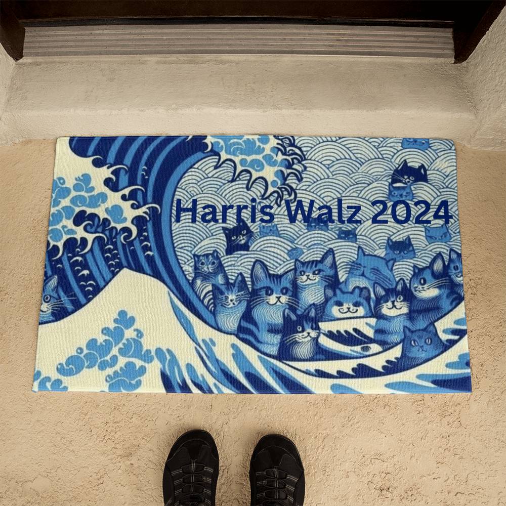 Harris Walz 2024 Election Cat Blue Wave Welcome Mat