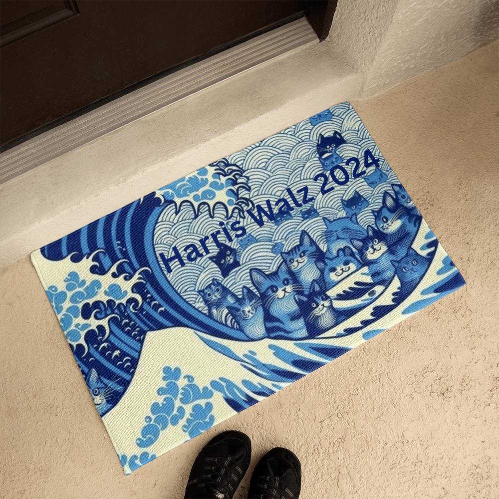 Harris Walz 2024 Election Cat Blue Wave Welcome Mat