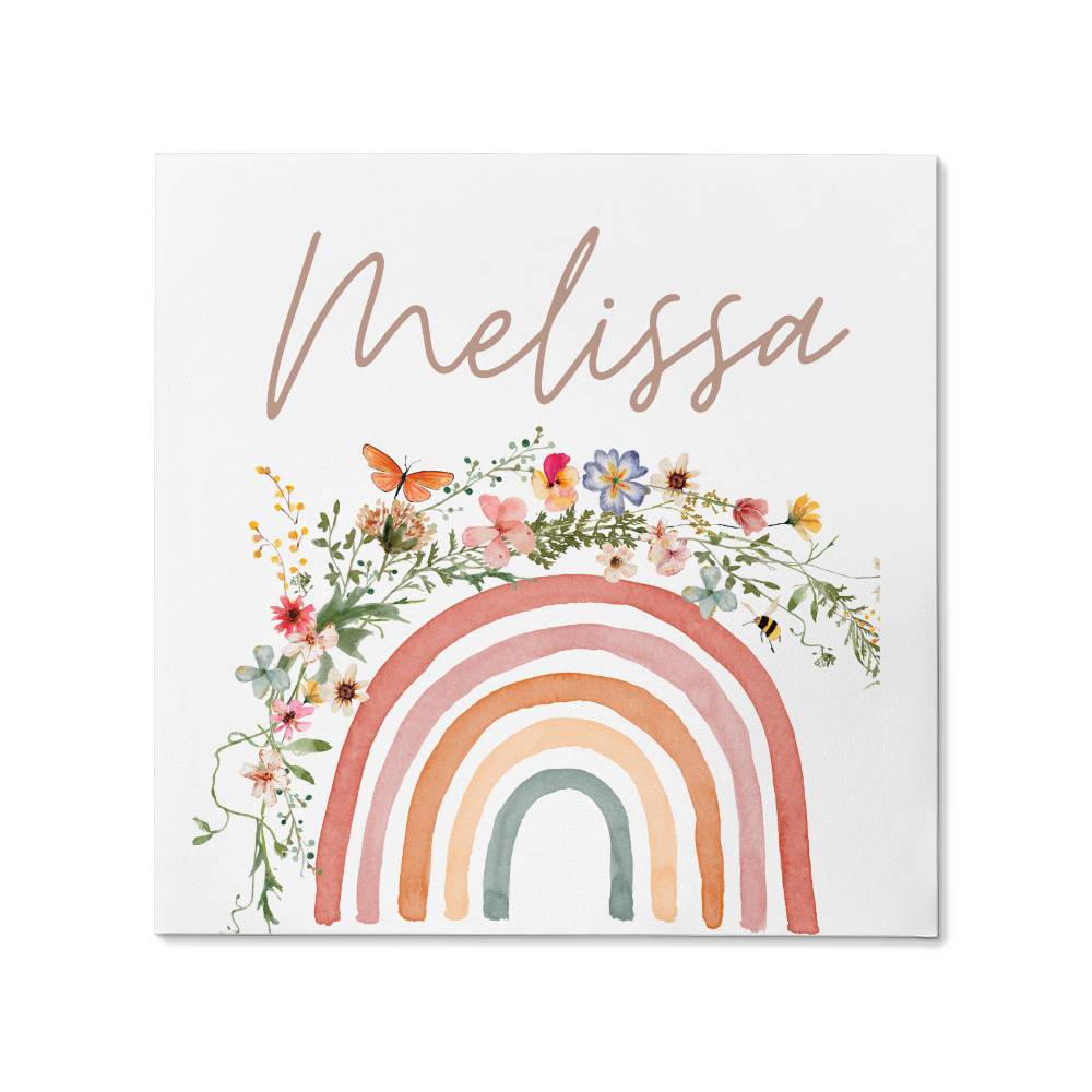 Boho Floral & Rainbow Name Girls Room Gallery Wrapped Canvas