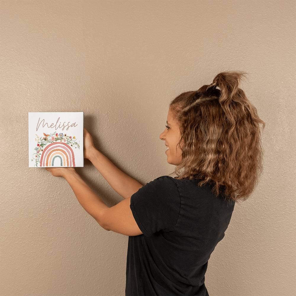 Boho Floral & Rainbow Name Girls Room Gallery Wrapped Canvas