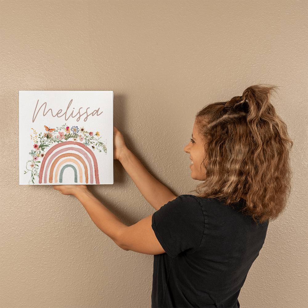 Boho Floral & Rainbow Name Girls Room Gallery Wrapped Canvas