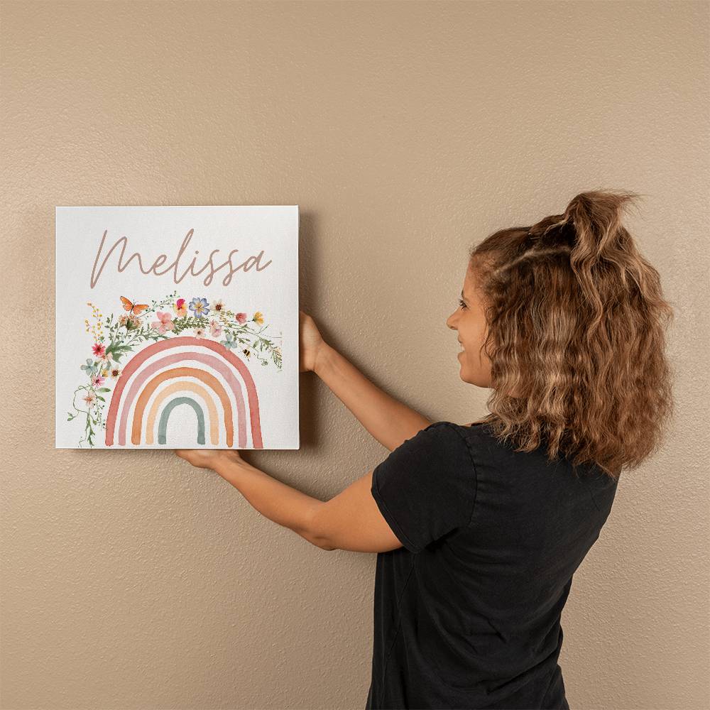 Boho Floral & Rainbow Name Girls Room Gallery Wrapped Canvas