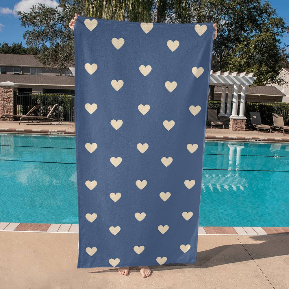 Denim Blue with Cream Hearts Beach Towel