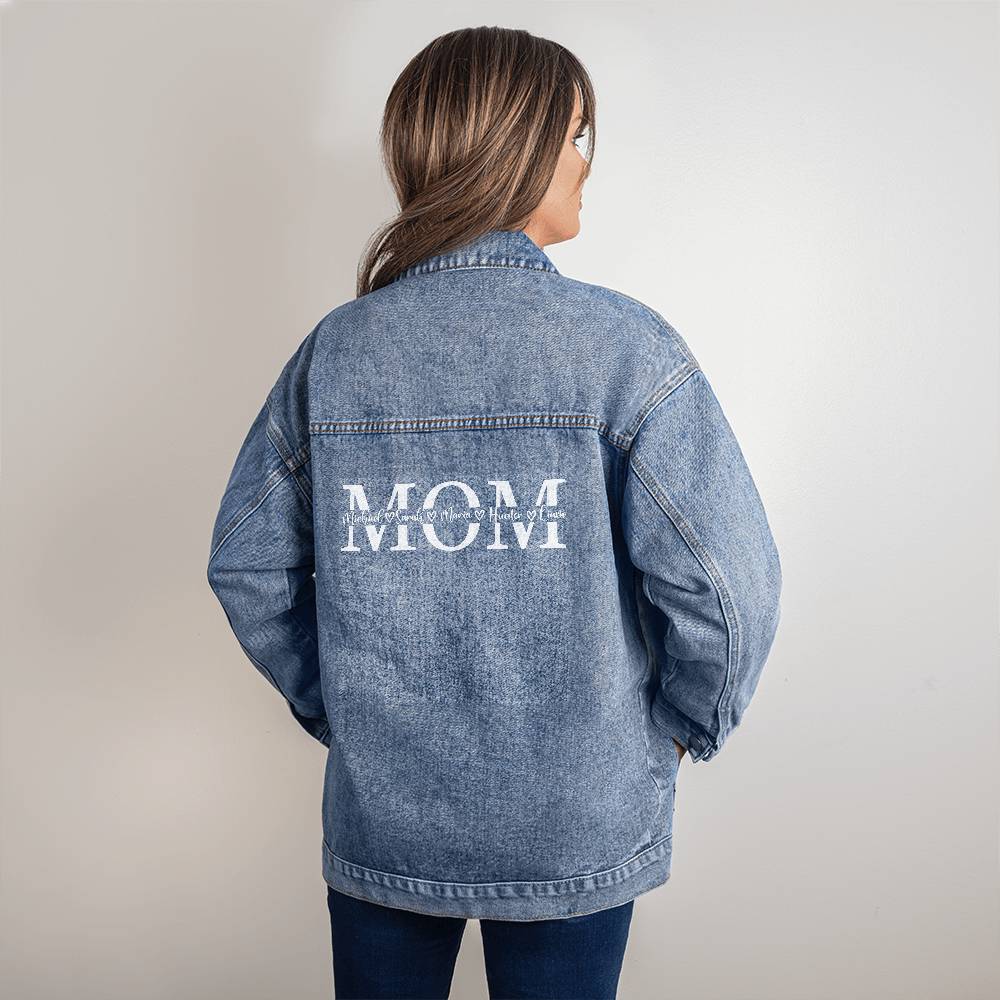 Personalized MOM Split with Kids Names Oversized Women's DTG Denim Jacket