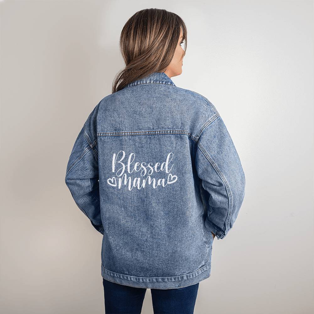 Custom Blessed Mama Oversized Women's DTG Denim Jacket