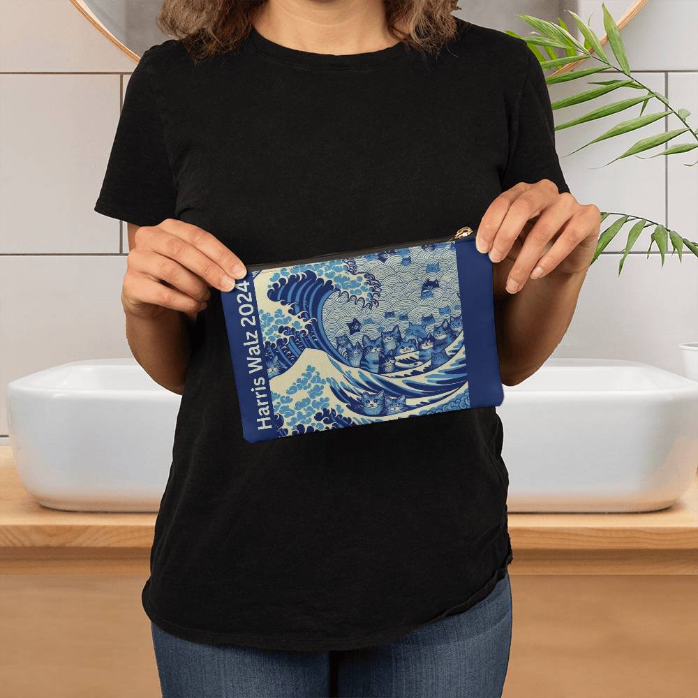 Harris Walz 2024 Election Cat Blue Wave Fabric Zippered Pouch