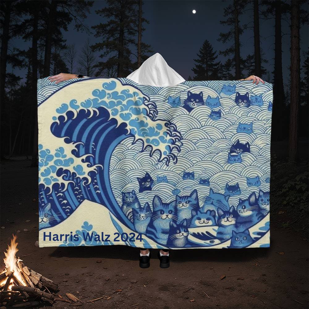 Harris Walz 2024 Election Cat Blue Wave Hooded Sherpa Fleece Blanket