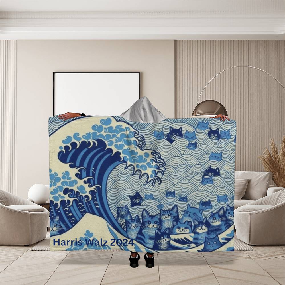 Harris Walz 2024 Election Cat Blue Wave Hooded Sherpa Fleece Blanket