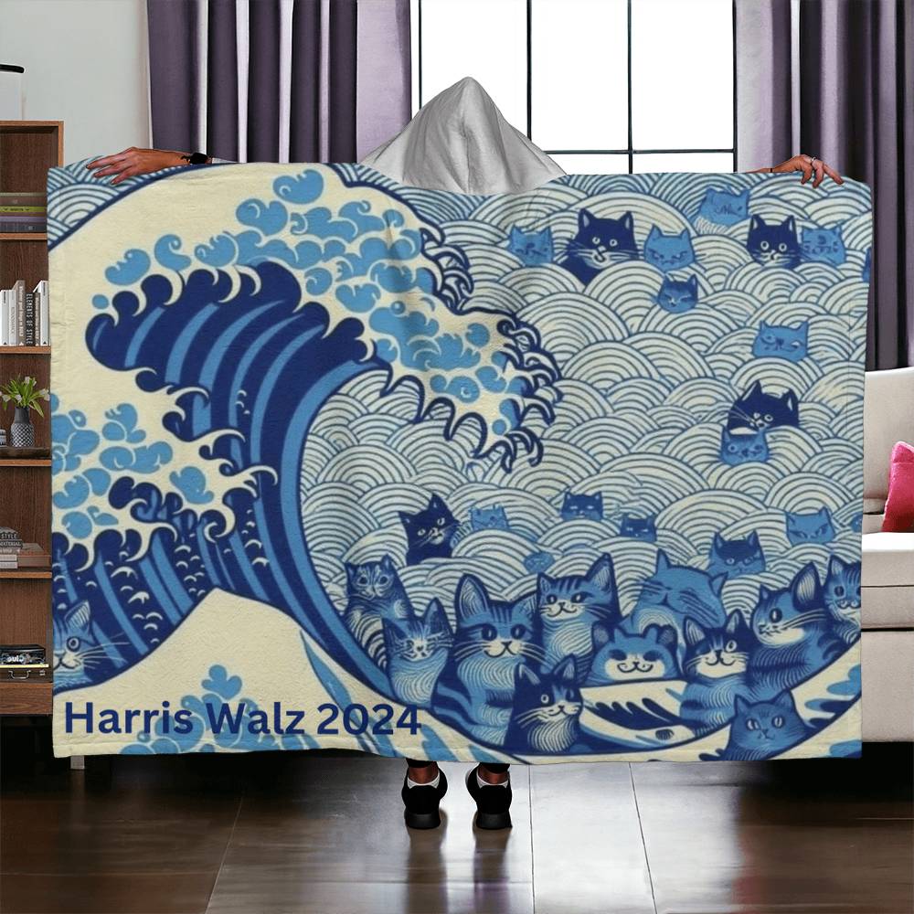 Harris Walz 2024 Election Cat Blue Wave Hooded Sherpa Fleece Blanket