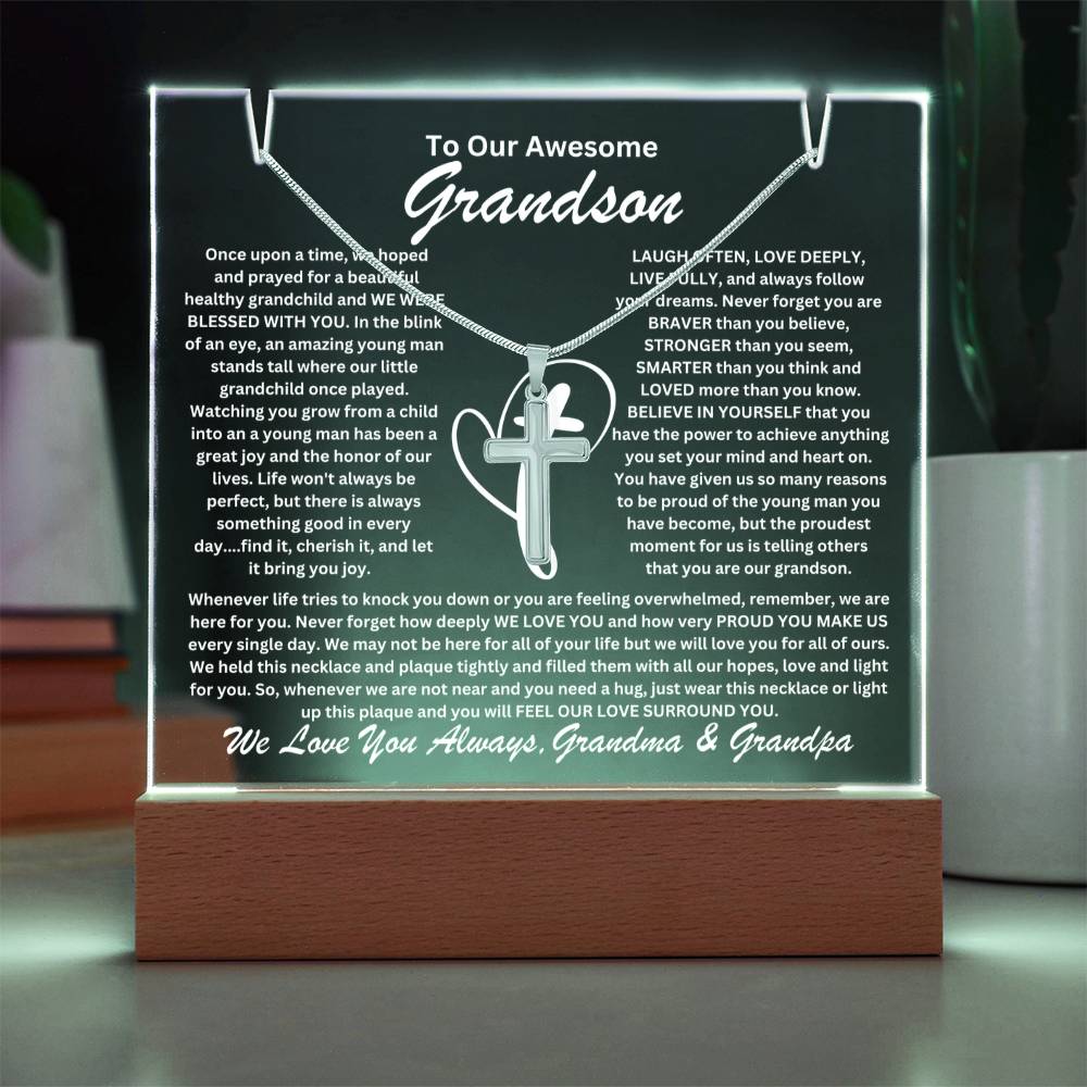 Grandson From Grandma & Grandpa (or just Grandma or Grandpa) Keepsake LED Lighted Acrylic Plaque & Cross Pendant Necklace