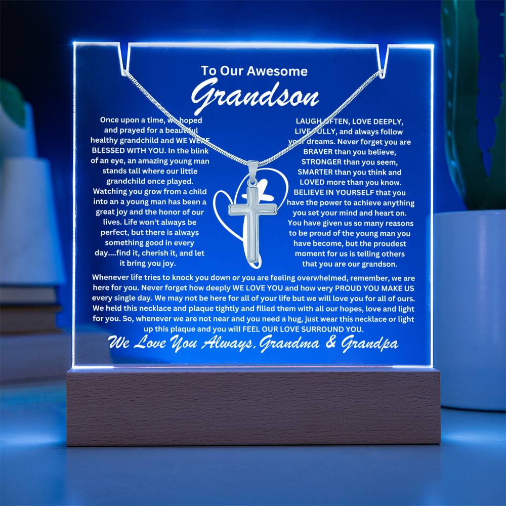 Grandson From Grandma & Grandpa (or just Grandma or Grandpa) Keepsake LED Lighted Acrylic Plaque & Cross Pendant Necklace