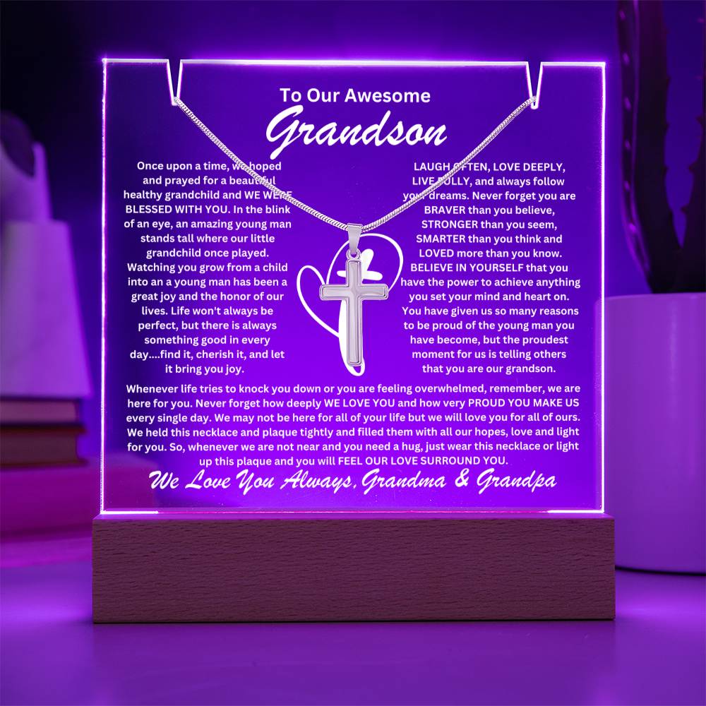 Grandson From Grandma & Grandpa (or just Grandma or Grandpa) Keepsake LED Lighted Acrylic Plaque & Cross Pendant Necklace