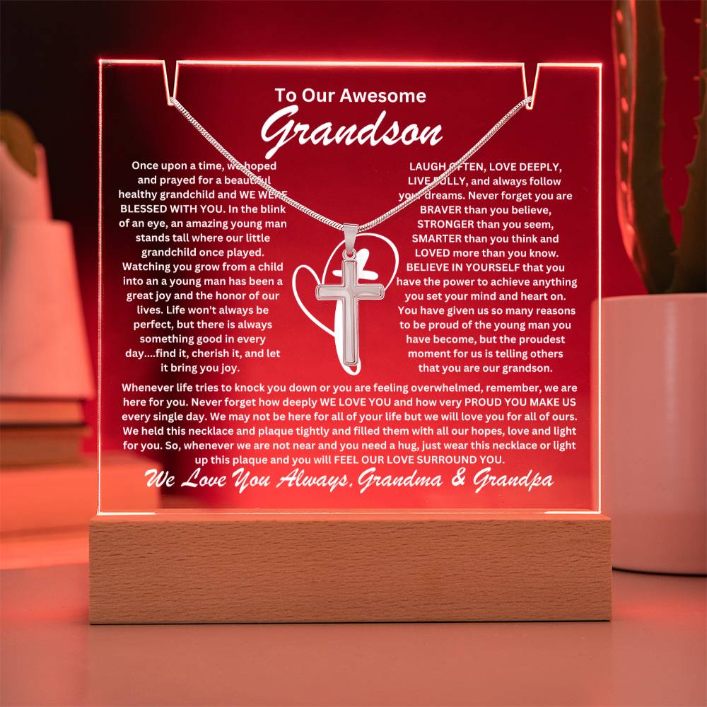 Grandson From Grandma & Grandpa (or just Grandma or Grandpa) Keepsake LED Lighted Acrylic Plaque & Cross Pendant Necklace