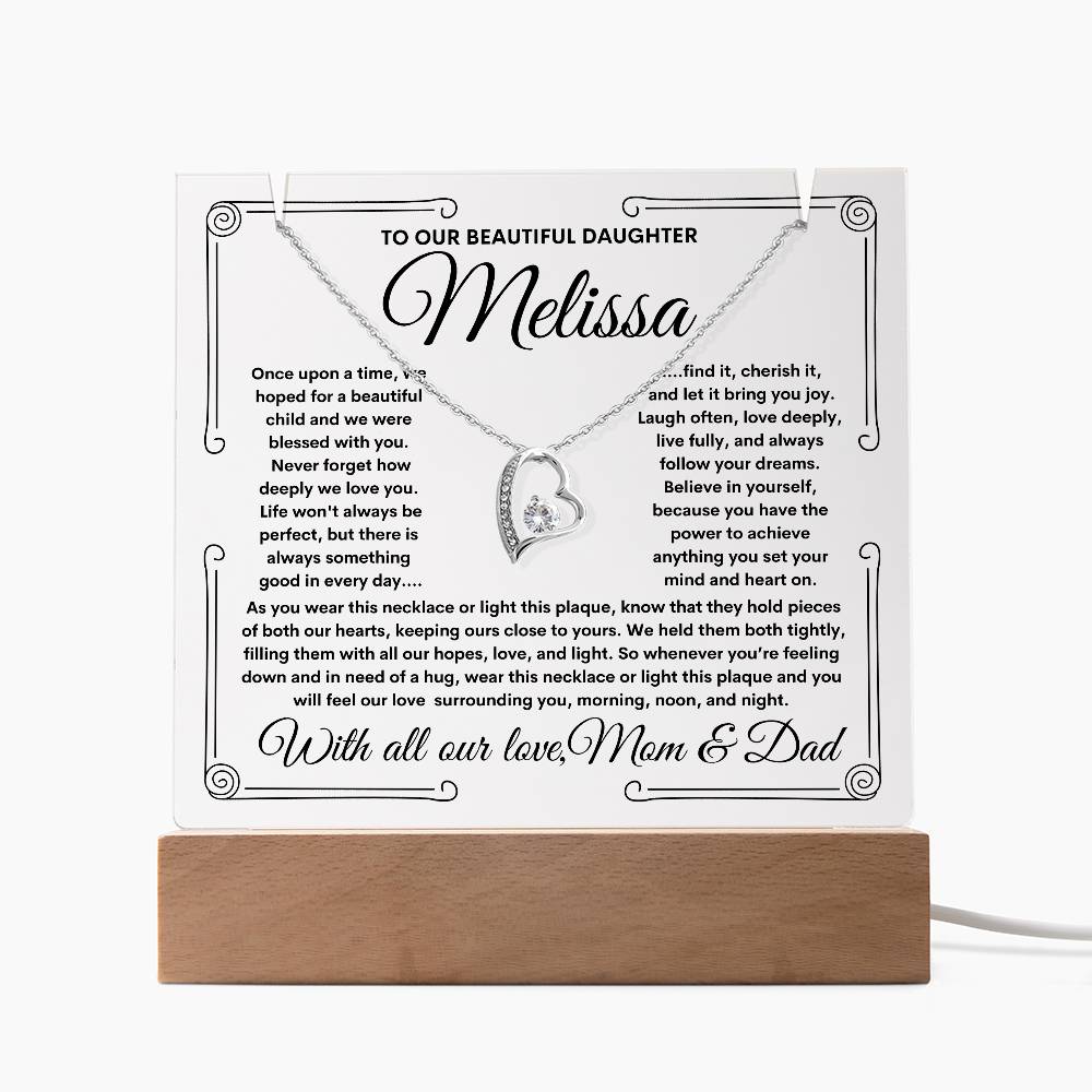 To Daughter From Mom & Dad (or just Mom or Dad) LED Lighted Keepsake Acrylic Plaque & Forever Love Necklace