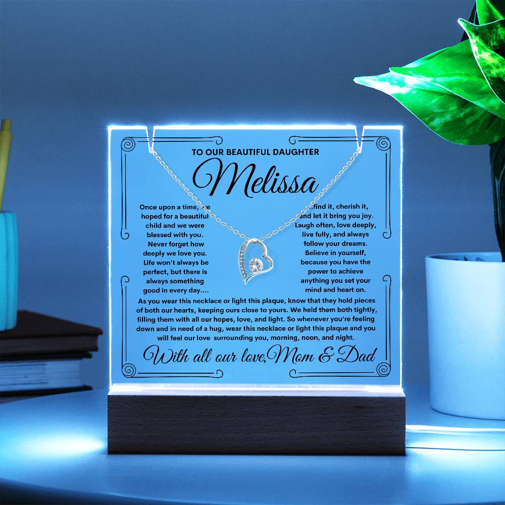 To Daughter From Mom & Dad (or just Mom or Dad) LED Lighted Keepsake Acrylic Plaque & Forever Love Necklace