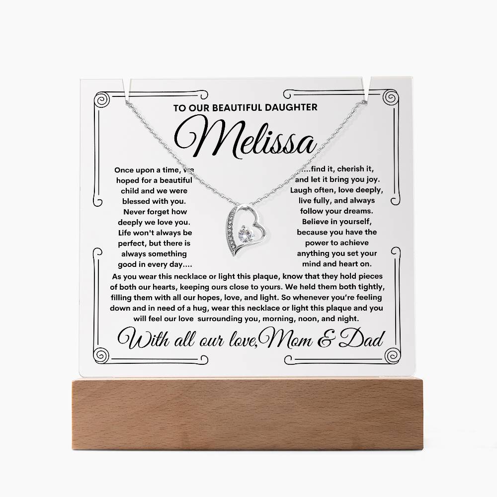 To Daughter From Mom & Dad (or just Mom or Dad) LED Lighted Keepsake Acrylic Plaque & Forever Love Necklace