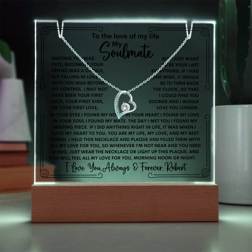Soulmate Keepsake LED Lighted Acrylic Plaque With Forever Love Heart Pendant Necklace