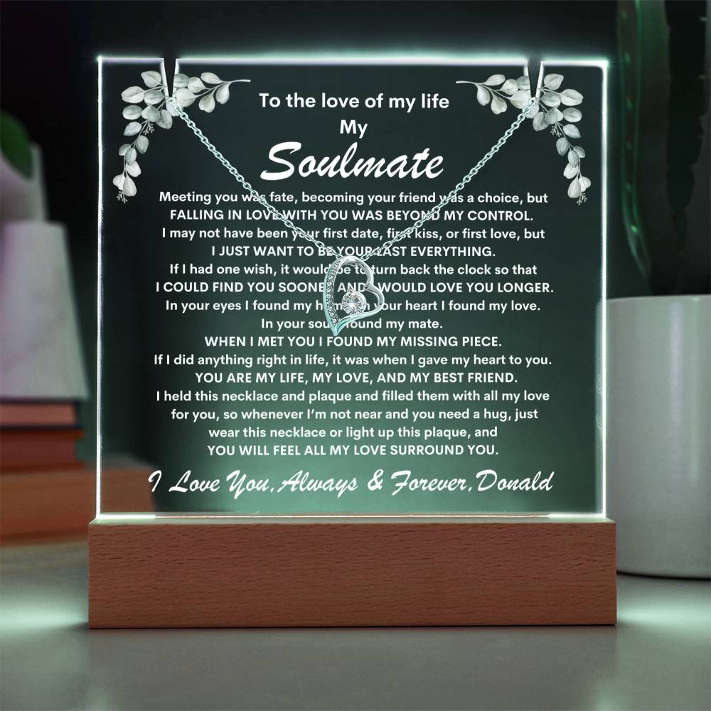 Soulmate Keepsake LED Lighted Acrylic Plaque With Forever Love Heart Pendant Necklace