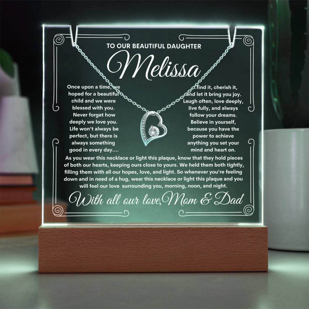 To Daughter From Mom & Dad (or just Mom or Dad) LED Lighted Keepsake Acrylic Plaque & Forever Love Necklace