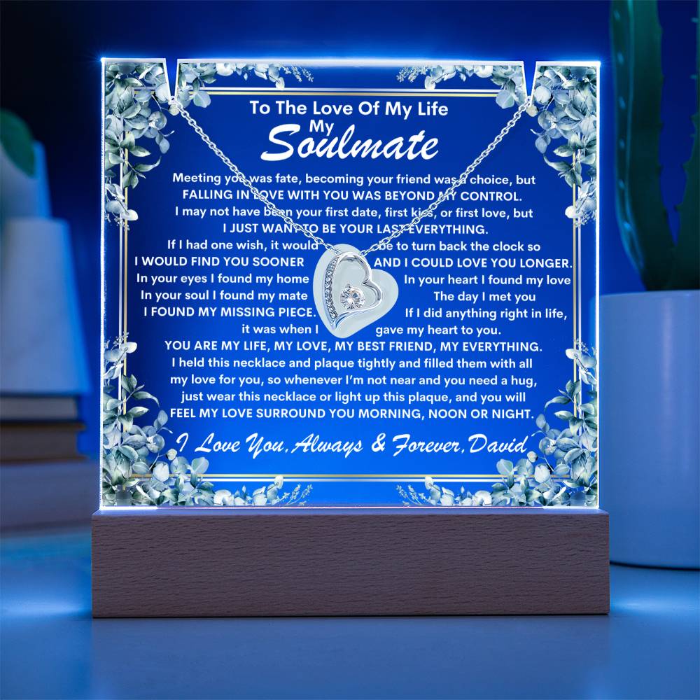 Soulmate Keepsake LED Lighted Acrylic Plaque With Forever Love Heart Pendant Necklace