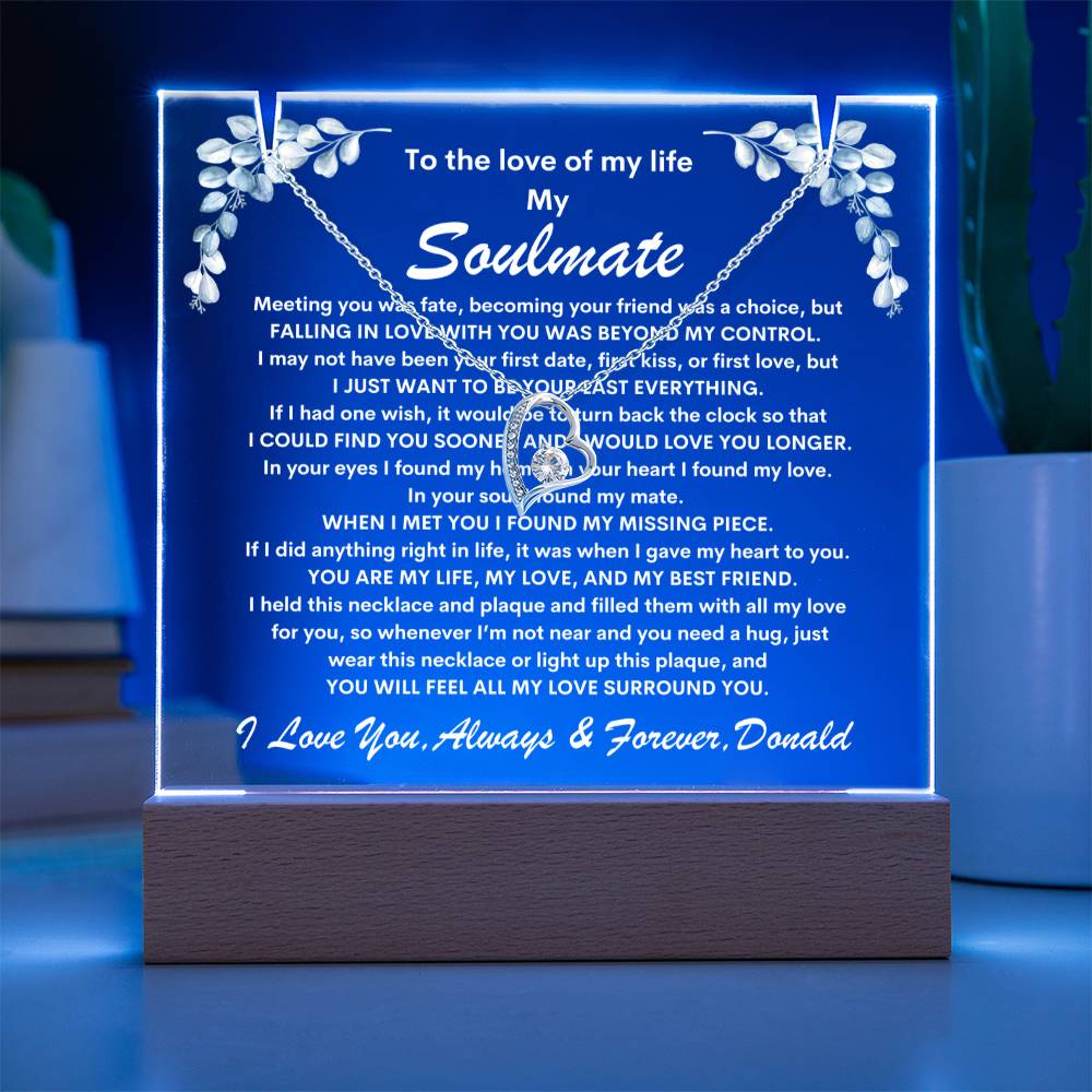 Soulmate Keepsake LED Lighted Acrylic Plaque With Forever Love Heart Pendant Necklace