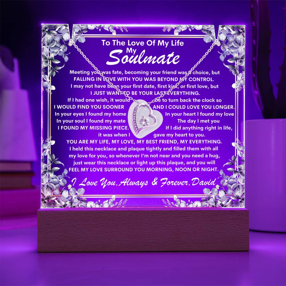 Soulmate Keepsake LED Lighted Acrylic Plaque With Forever Love Heart Pendant Necklace
