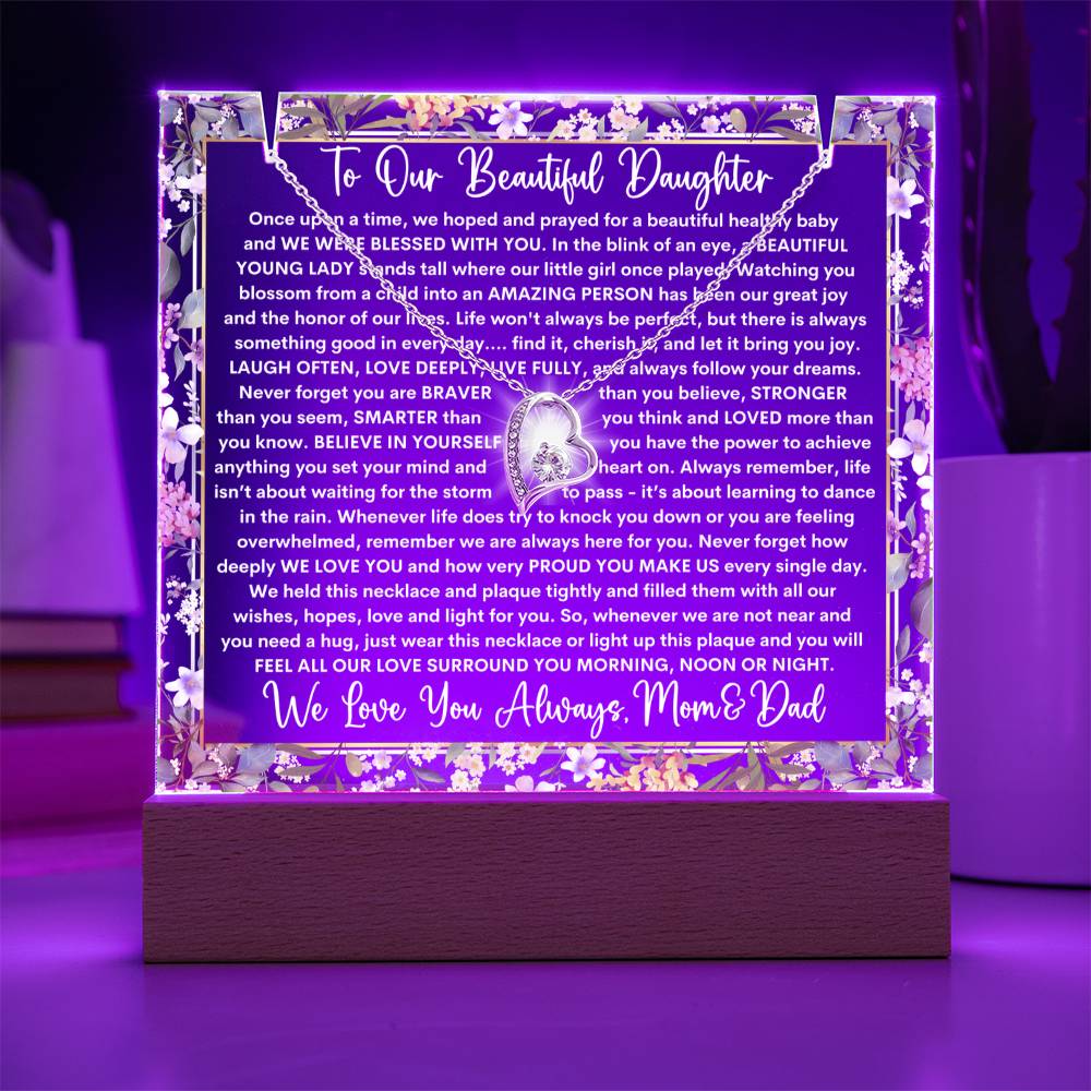 Daughter From Mom & Dad (or just Mom or Dad) Keepsake LED Lighted Acrylic Plaque & Forever Love Necklace