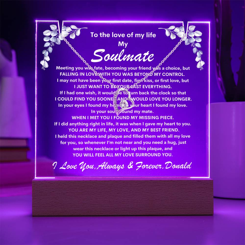 Soulmate Keepsake LED Lighted Acrylic Plaque With Forever Love Heart Pendant Necklace