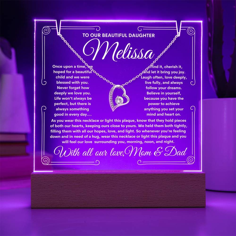 To Daughter From Mom & Dad (or just Mom or Dad) LED Lighted Keepsake Acrylic Plaque & Forever Love Necklace
