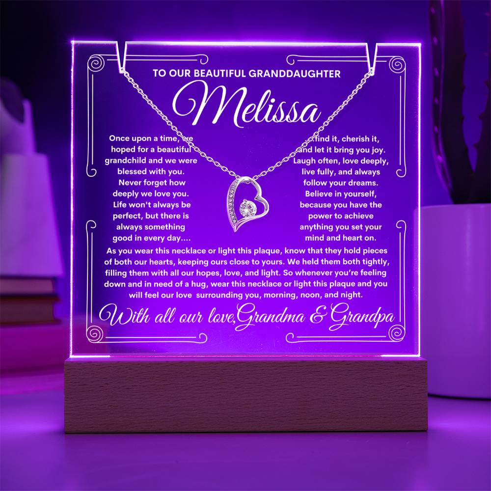 To Granddaughter From Grandma & Grandpa (or just Grandma or Grandpa) LED Lighted Keepsake Acrylic Plaque & Forever Love Necklace