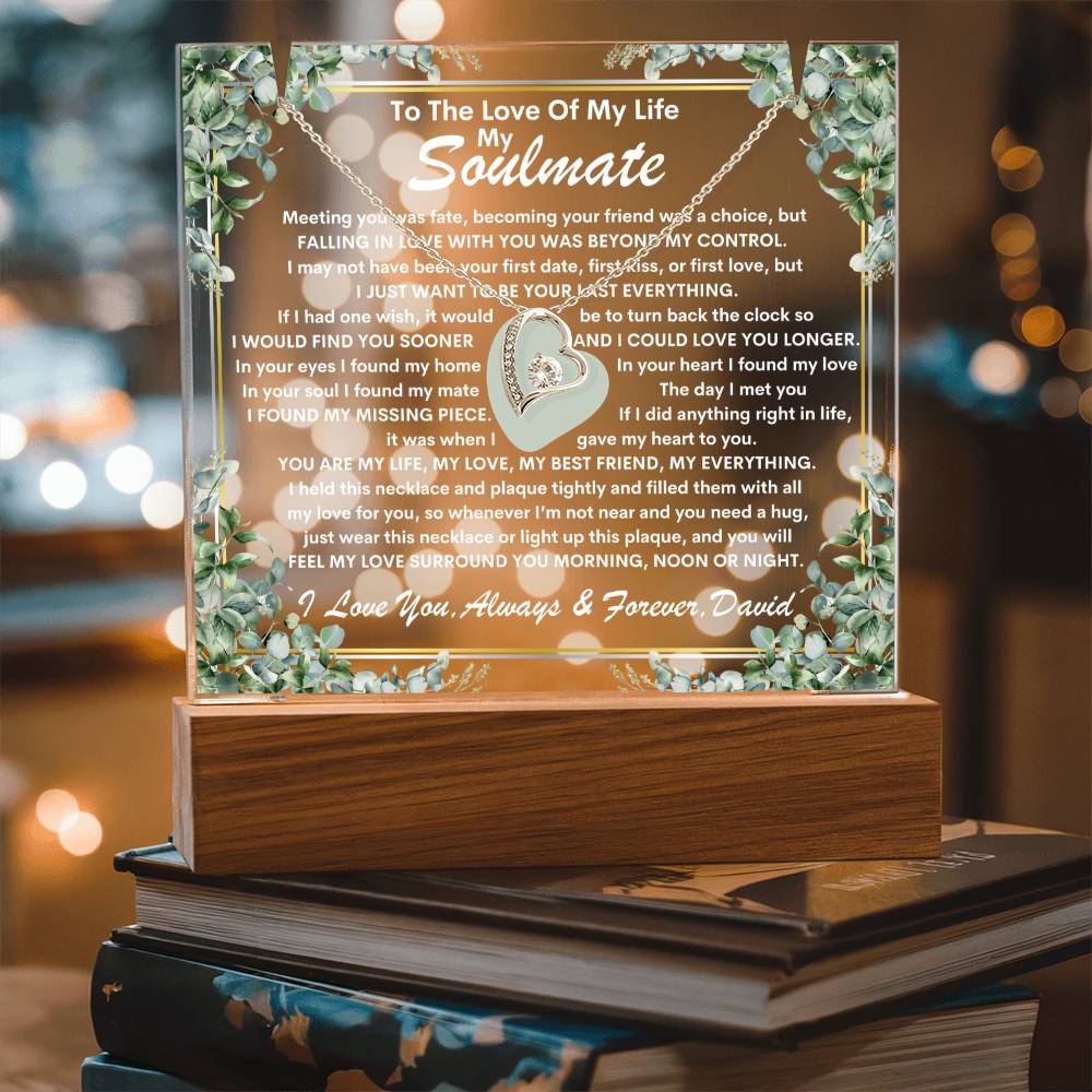 Soulmate Keepsake LED Lighted Acrylic Plaque With Forever Love Heart Pendant Necklace