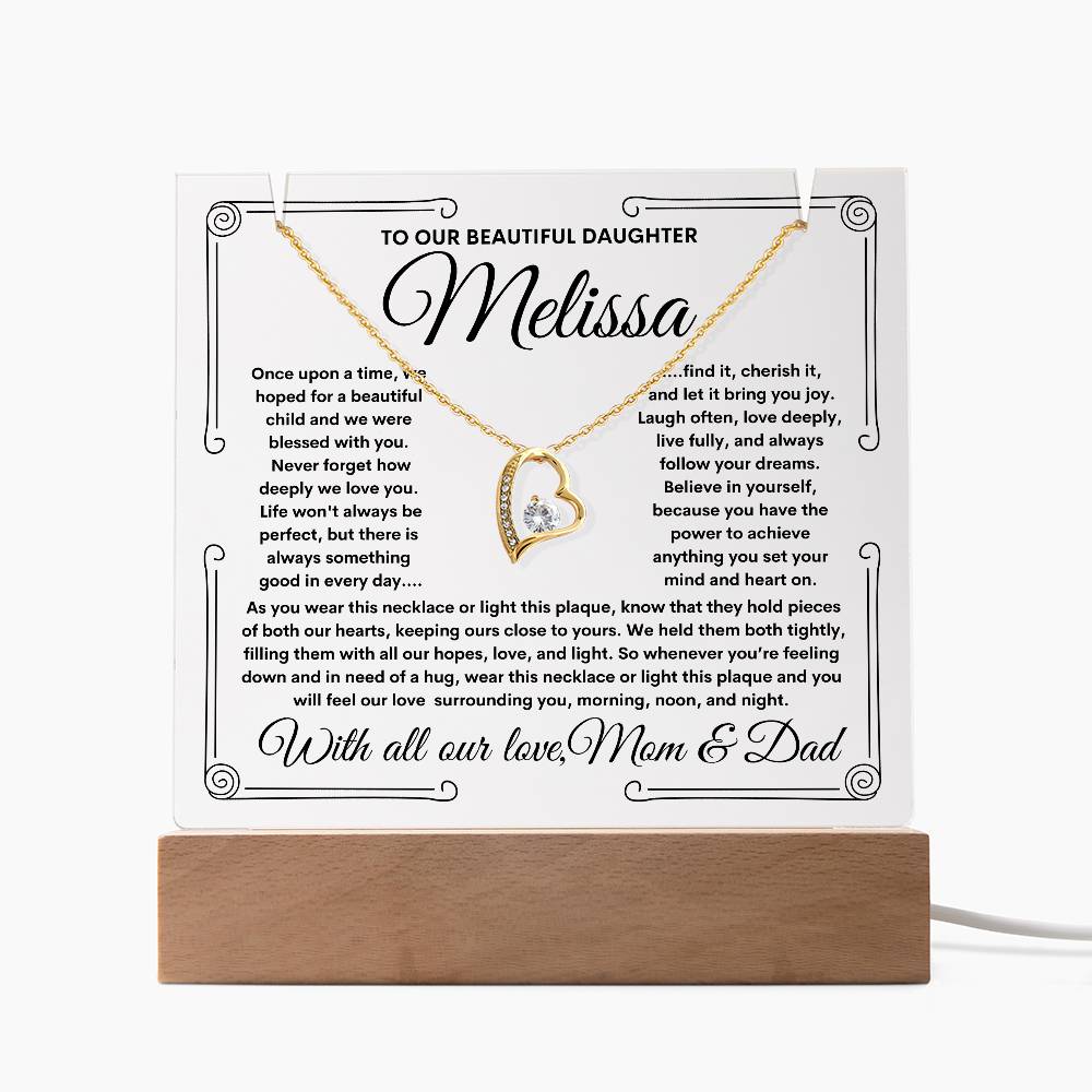 To Daughter From Mom & Dad (or just Mom or Dad) LED Lighted Keepsake Acrylic Plaque & Forever Love Necklace
