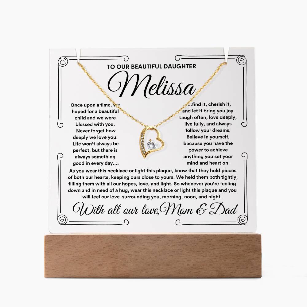 To Daughter From Mom & Dad (or just Mom or Dad) LED Lighted Keepsake Acrylic Plaque & Forever Love Necklace