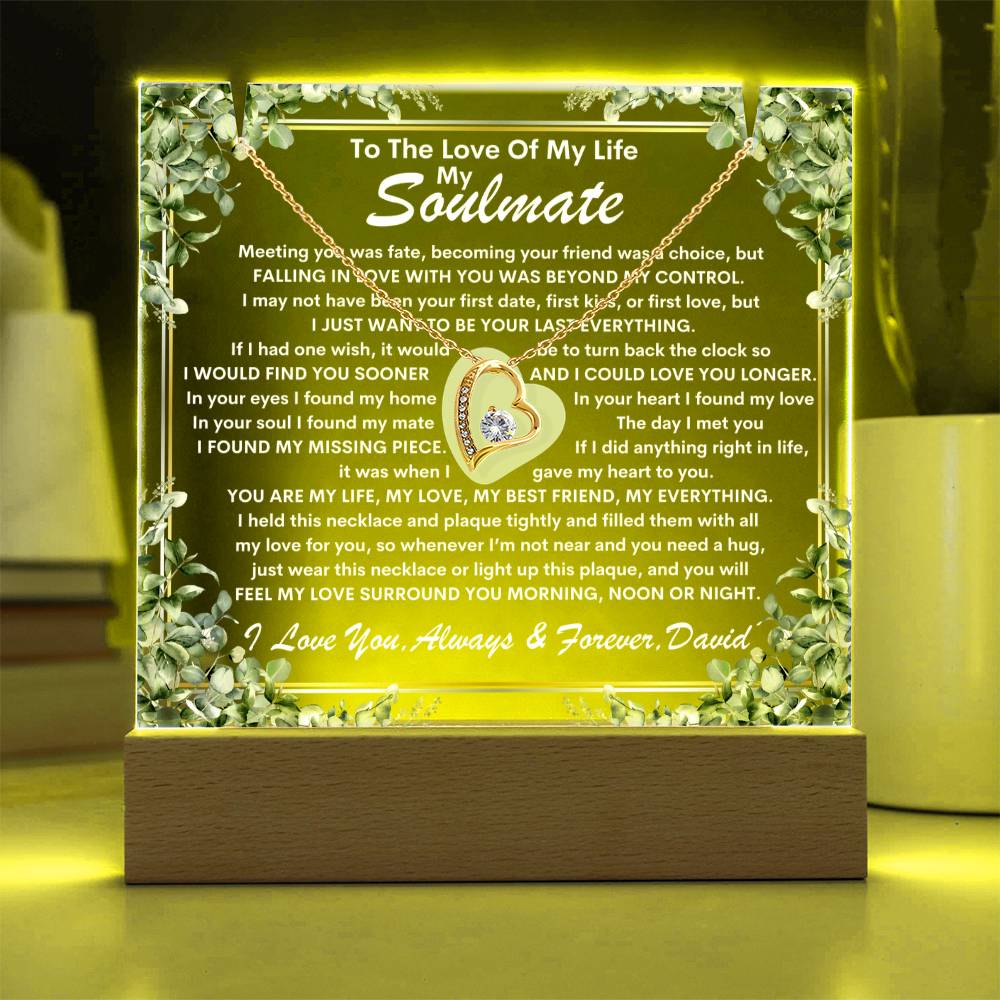 Soulmate Keepsake LED Lighted Acrylic Plaque With Forever Love Heart Pendant Necklace