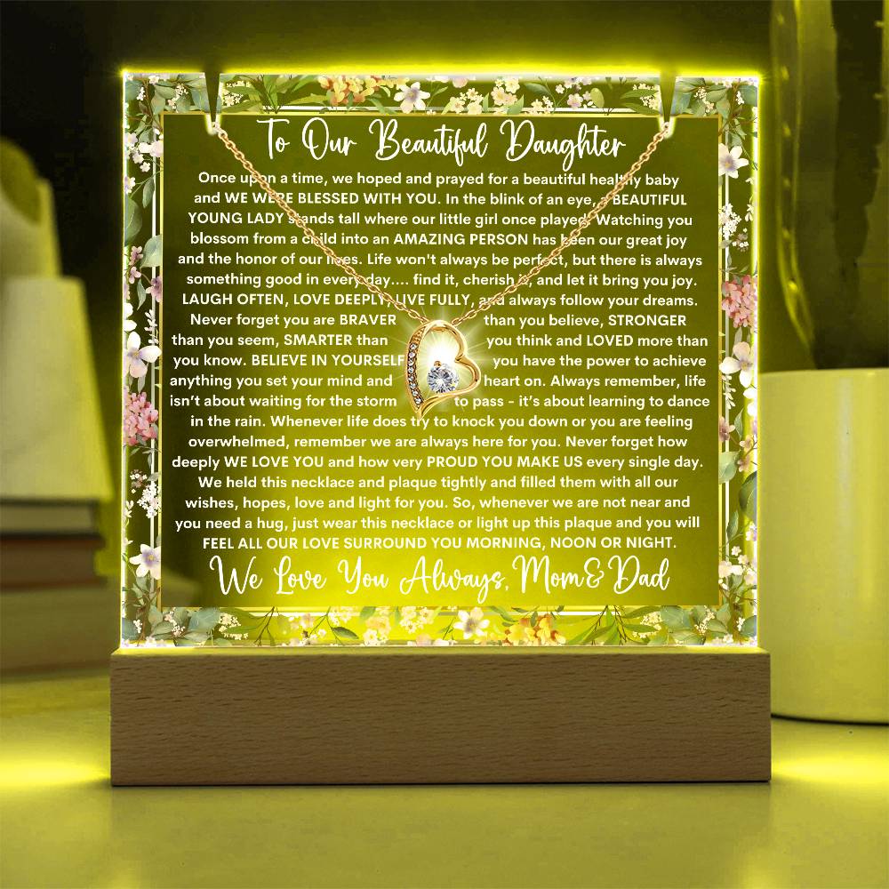 Daughter From Mom & Dad (or just Mom or Dad) Keepsake LED Lighted Acrylic Plaque & Forever Love Necklace