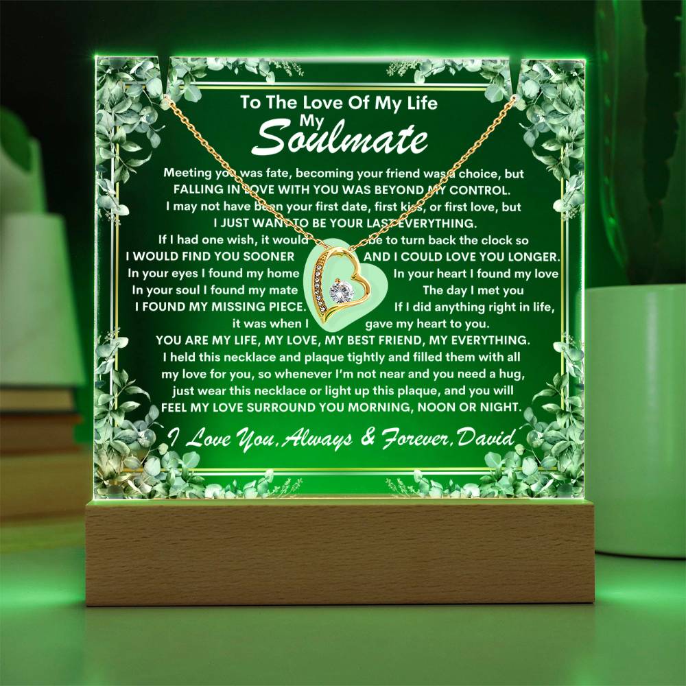 Soulmate Keepsake LED Lighted Acrylic Plaque With Forever Love Heart Pendant Necklace
