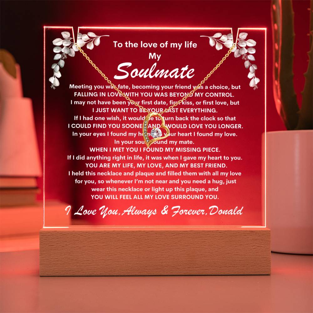 Soulmate Keepsake LED Lighted Acrylic Plaque With Forever Love Heart Pendant Necklace