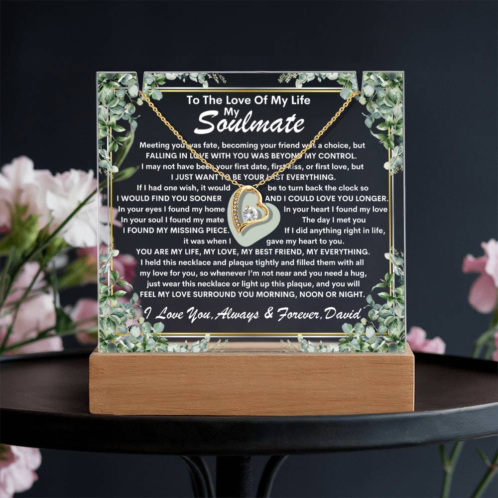 Soulmate Keepsake LED Lighted Acrylic Plaque With Forever Love Heart Pendant Necklace