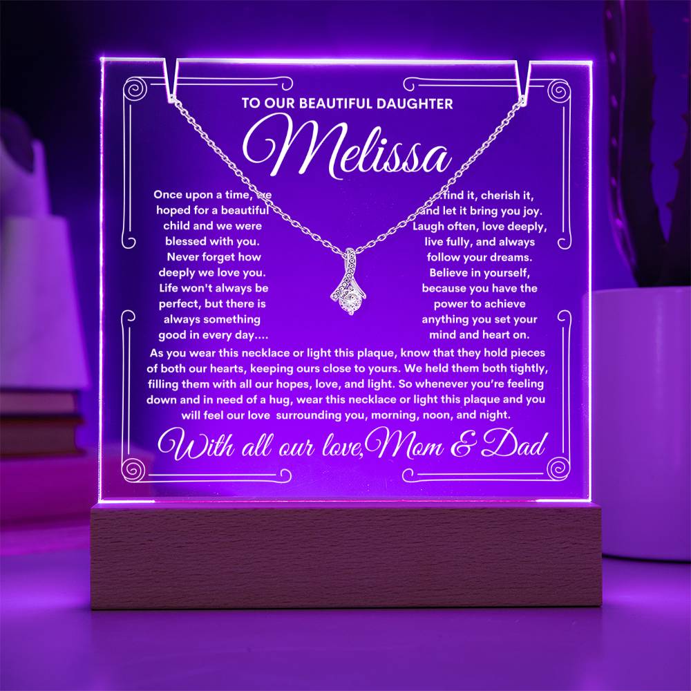 To Daughter From Mom & Dad (or just Mom or Dad) LED Lighted Keepsake Acrylic Plaque & Alluring Beauty Necklace