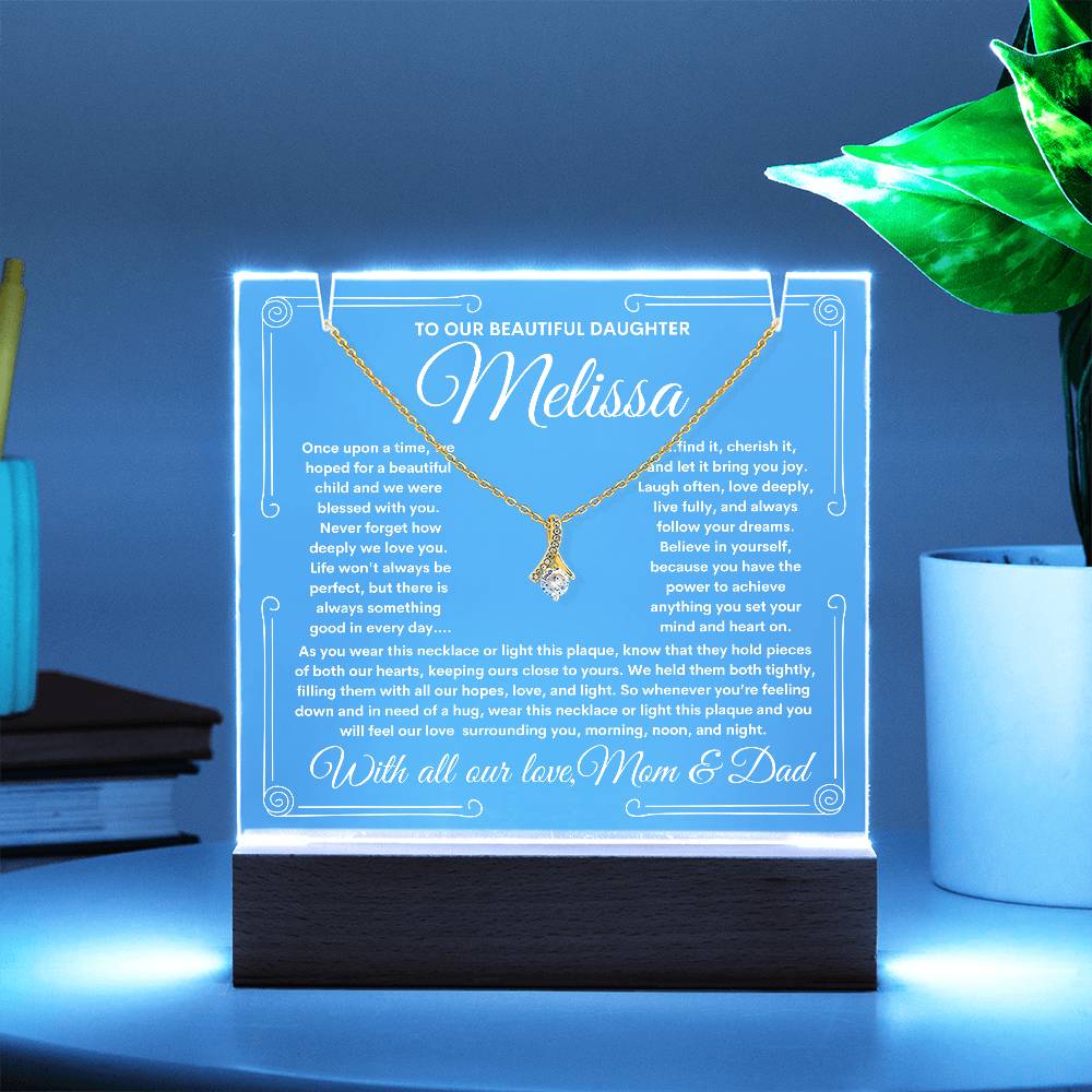To Daughter From Mom & Dad (or just Mom or Dad) LED Lighted Keepsake Acrylic Plaque & Alluring Beauty Necklace