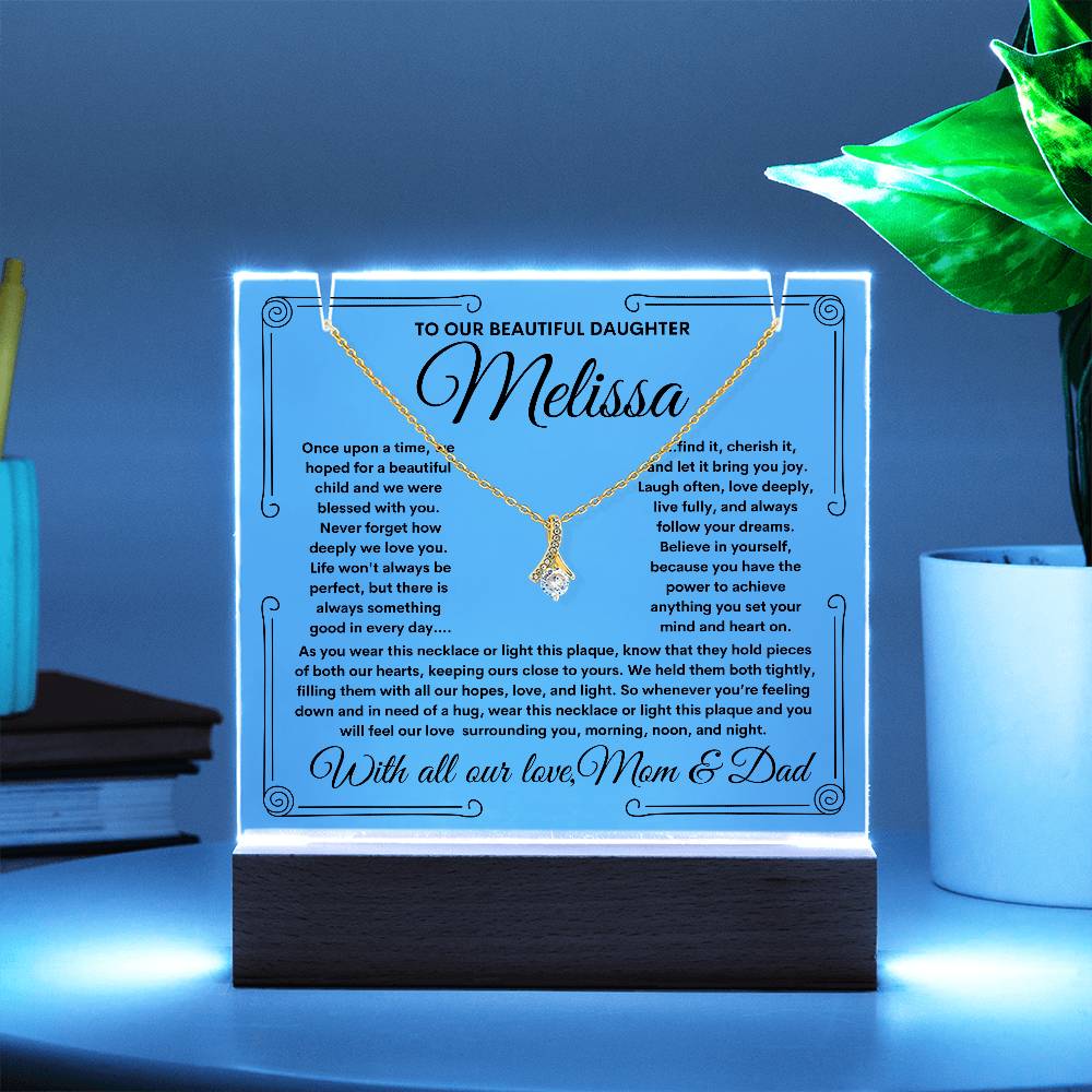 To Daughter From Mom & Dad (or just Mom or Dad) LED Lighted Keepsake Acrylic Plaque & Alluring Beauty Necklace