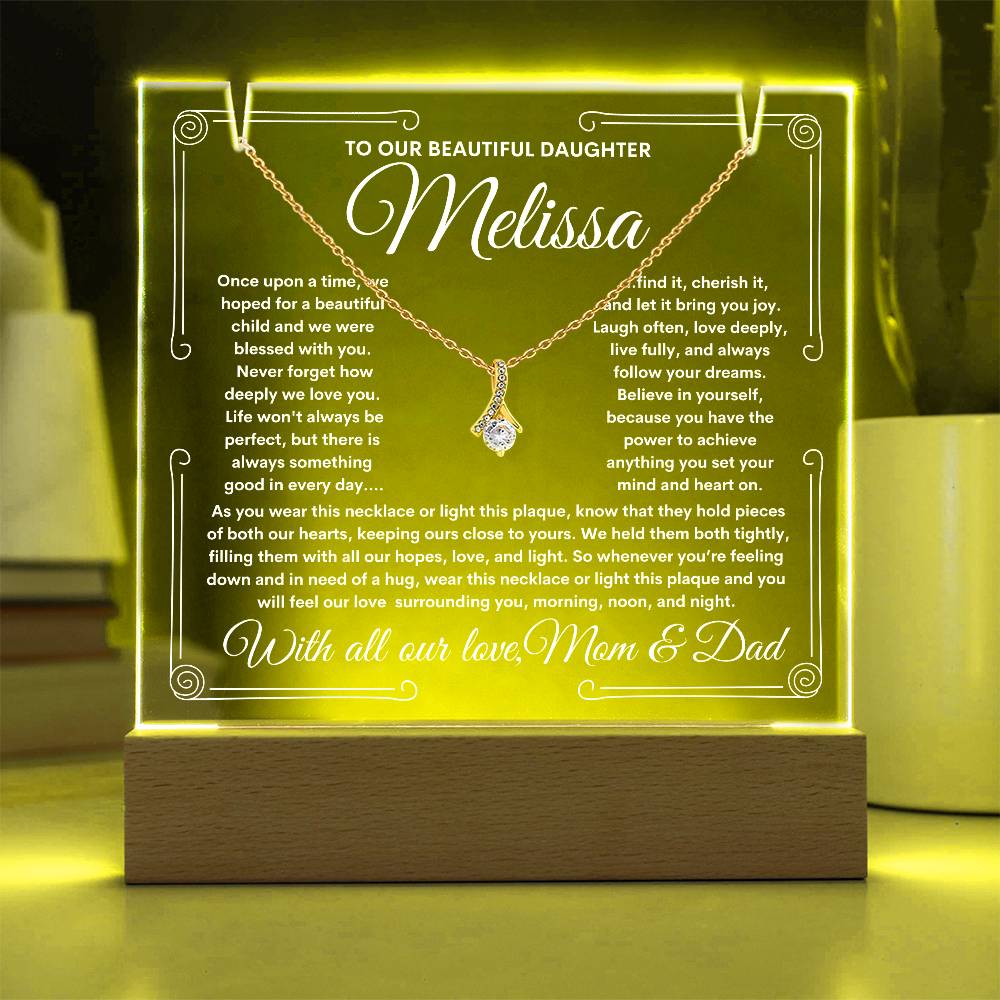 To Daughter From Mom & Dad (or just Mom or Dad) LED Lighted Keepsake Acrylic Plaque & Alluring Beauty Necklace