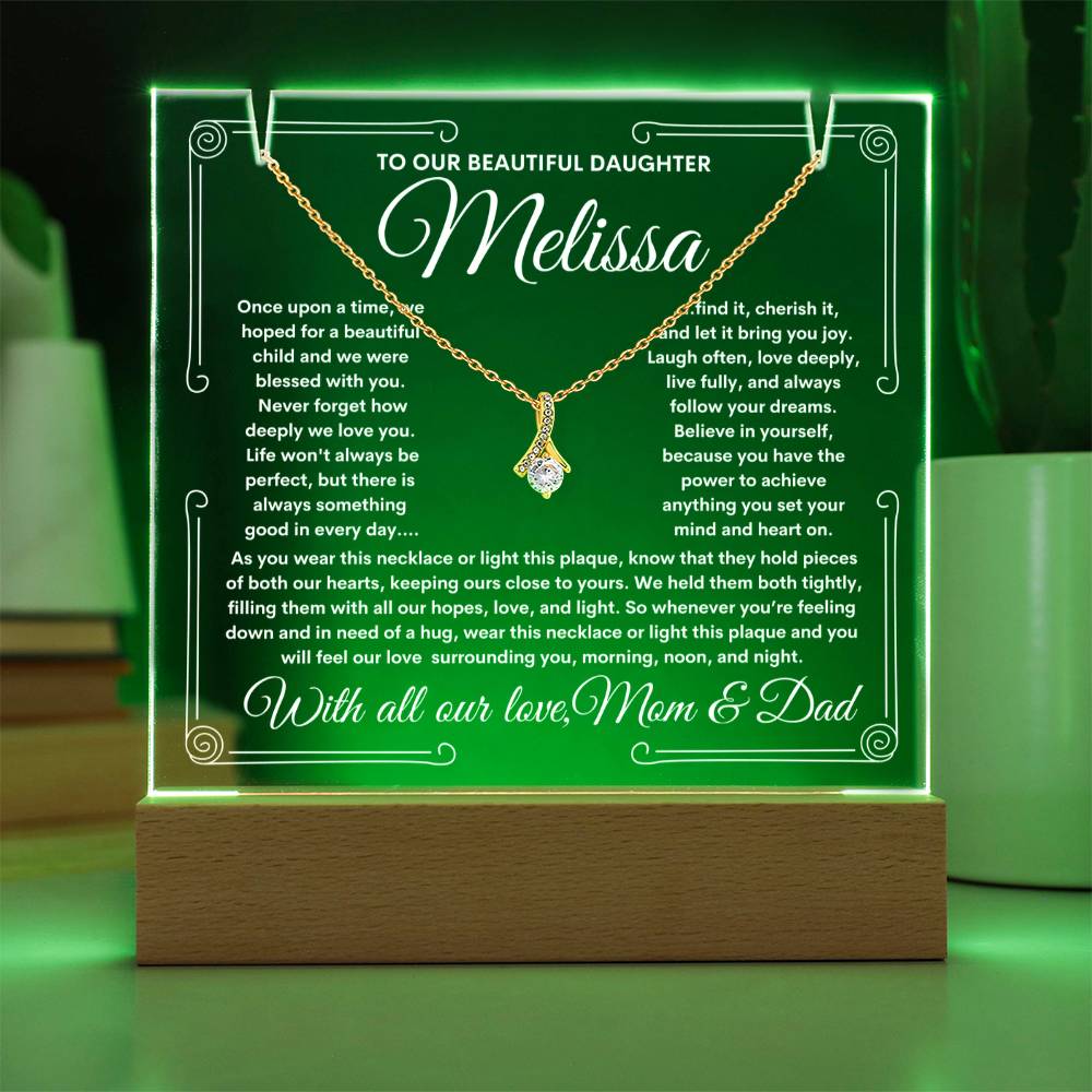 To Daughter From Mom & Dad (or just Mom or Dad) LED Lighted Keepsake Acrylic Plaque & Alluring Beauty Necklace