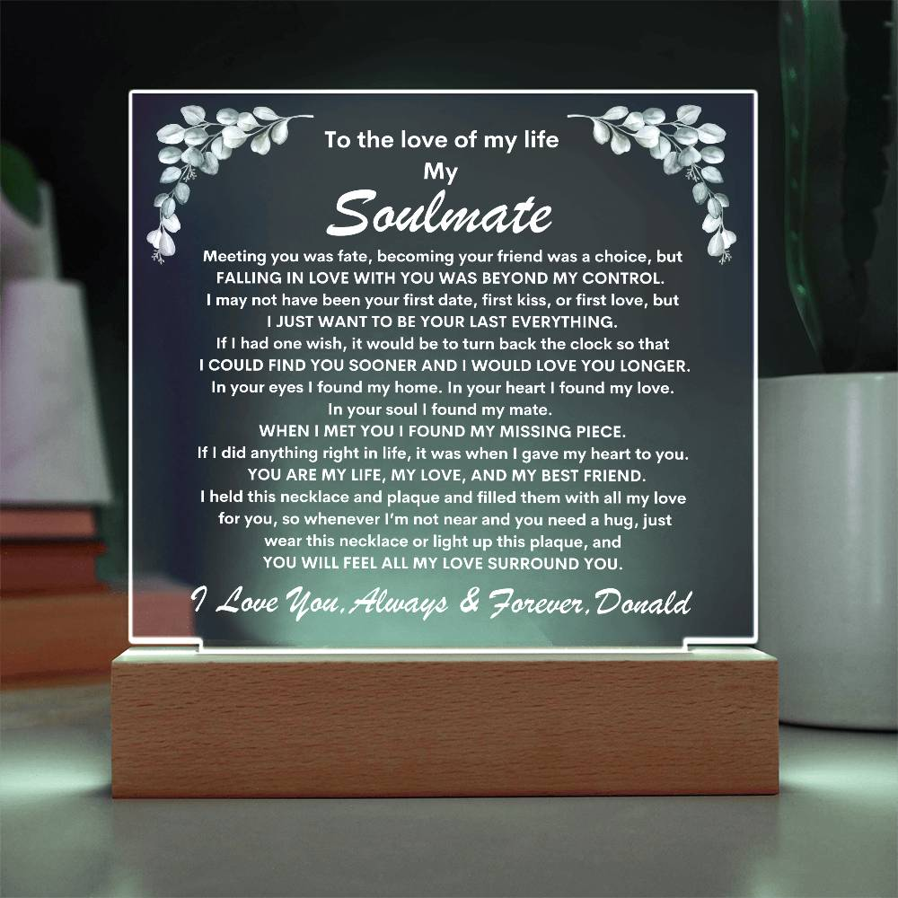 Soulmate Keepsake LED Lighted Acrylic Plaque With Forever Love Heart Pendant Necklace