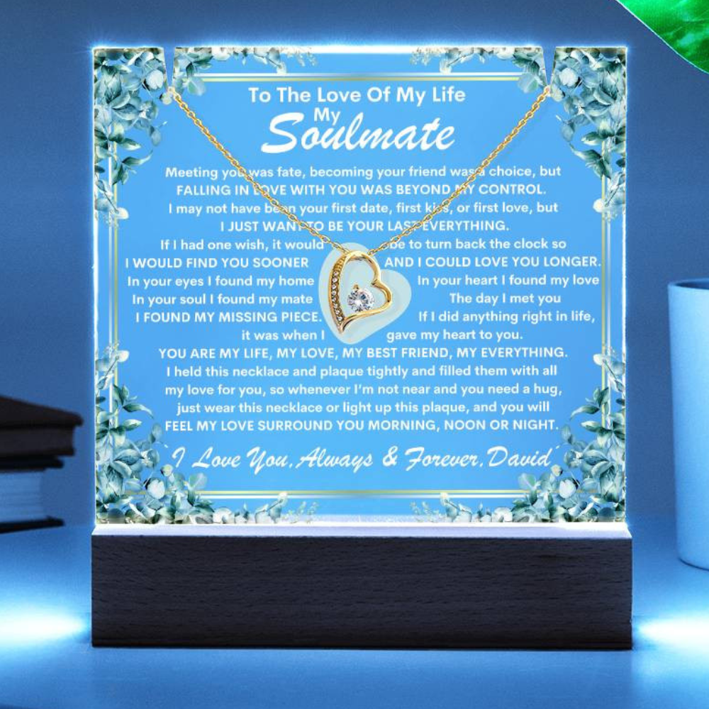 Soulmate Keepsake LED Lighted Acrylic Plaque With Forever Love Heart Pendant Necklace