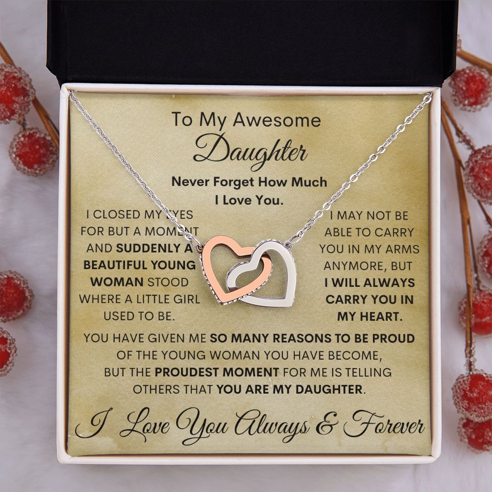 Daughter, I Closed My Eyes - Beautiful Young Woman, Interlocking Hearts Necklace, Holiday