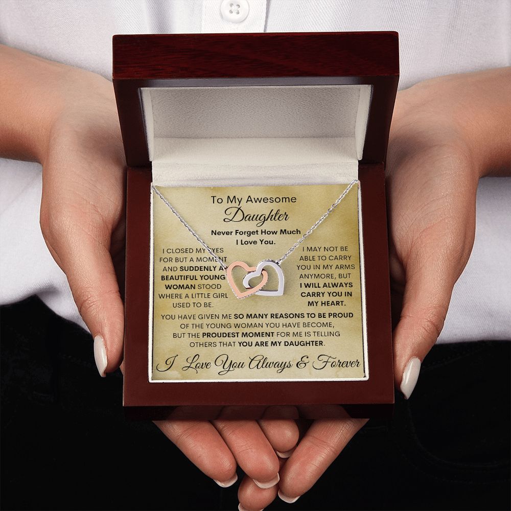 Daughter, I Closed My Eyes - Beautiful Young Woman, Interlocking Hearts Necklace, Holiday
